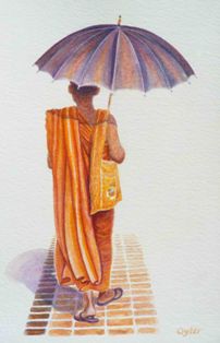 Monk with umbrella, watercolour 16x25 cms